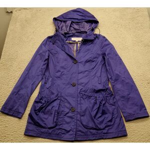 Andrew Marc Rain Coat Women Small Purple Long Sleeve Pockets Hooded Button Front